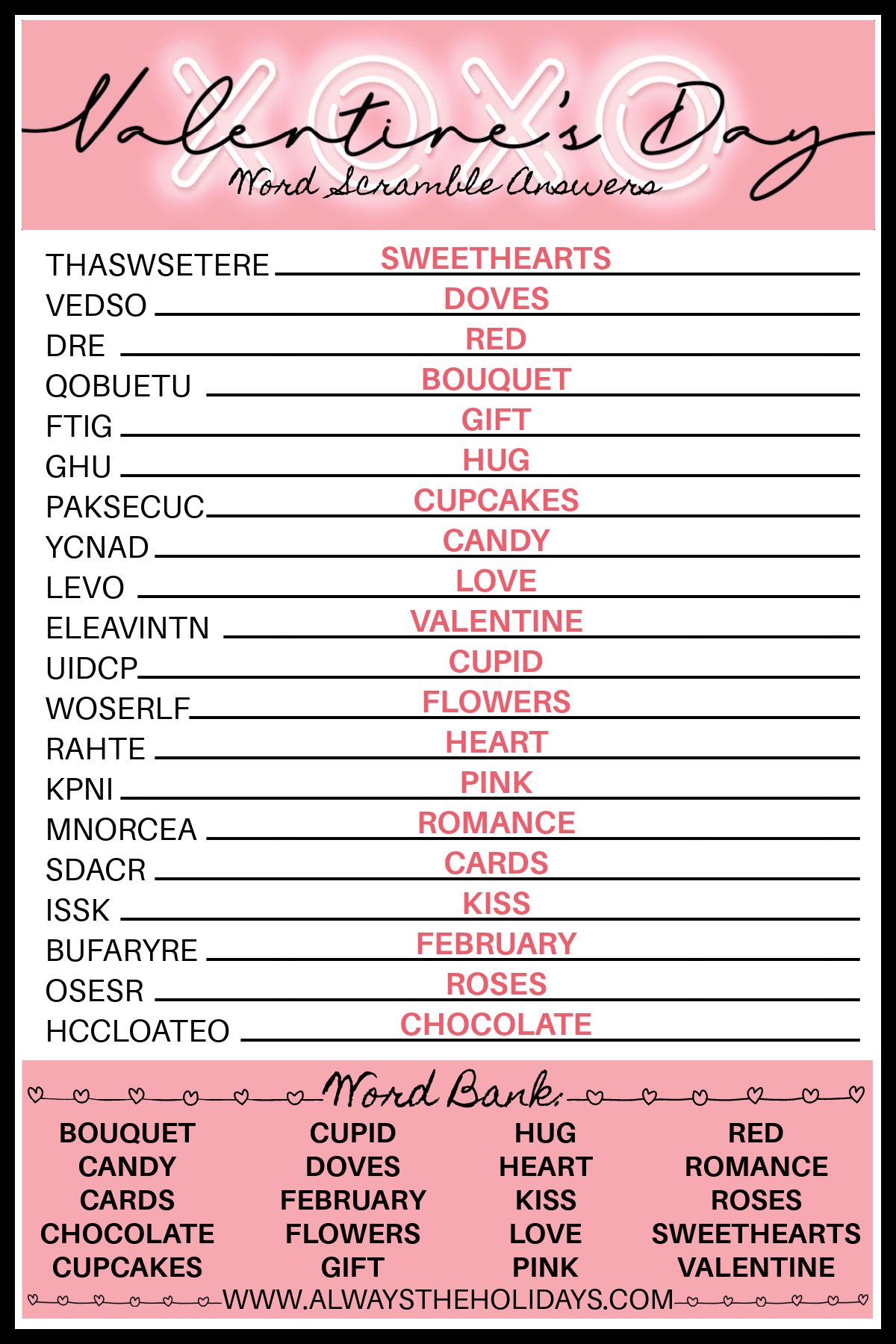 Valentines Day Word Scramble Valentines Day Word Scramble