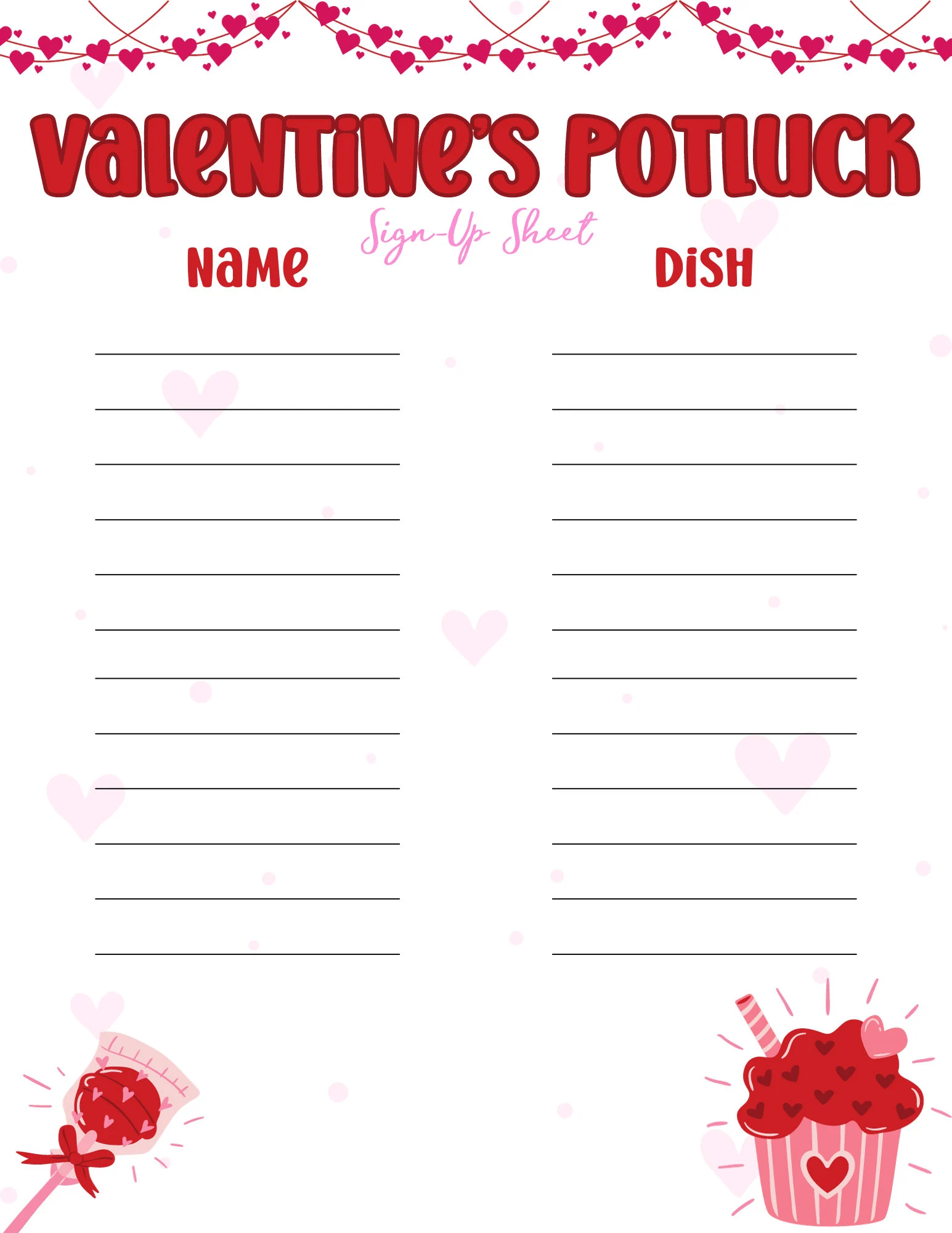 Valentiness Day Potluck Sign Up Sheet