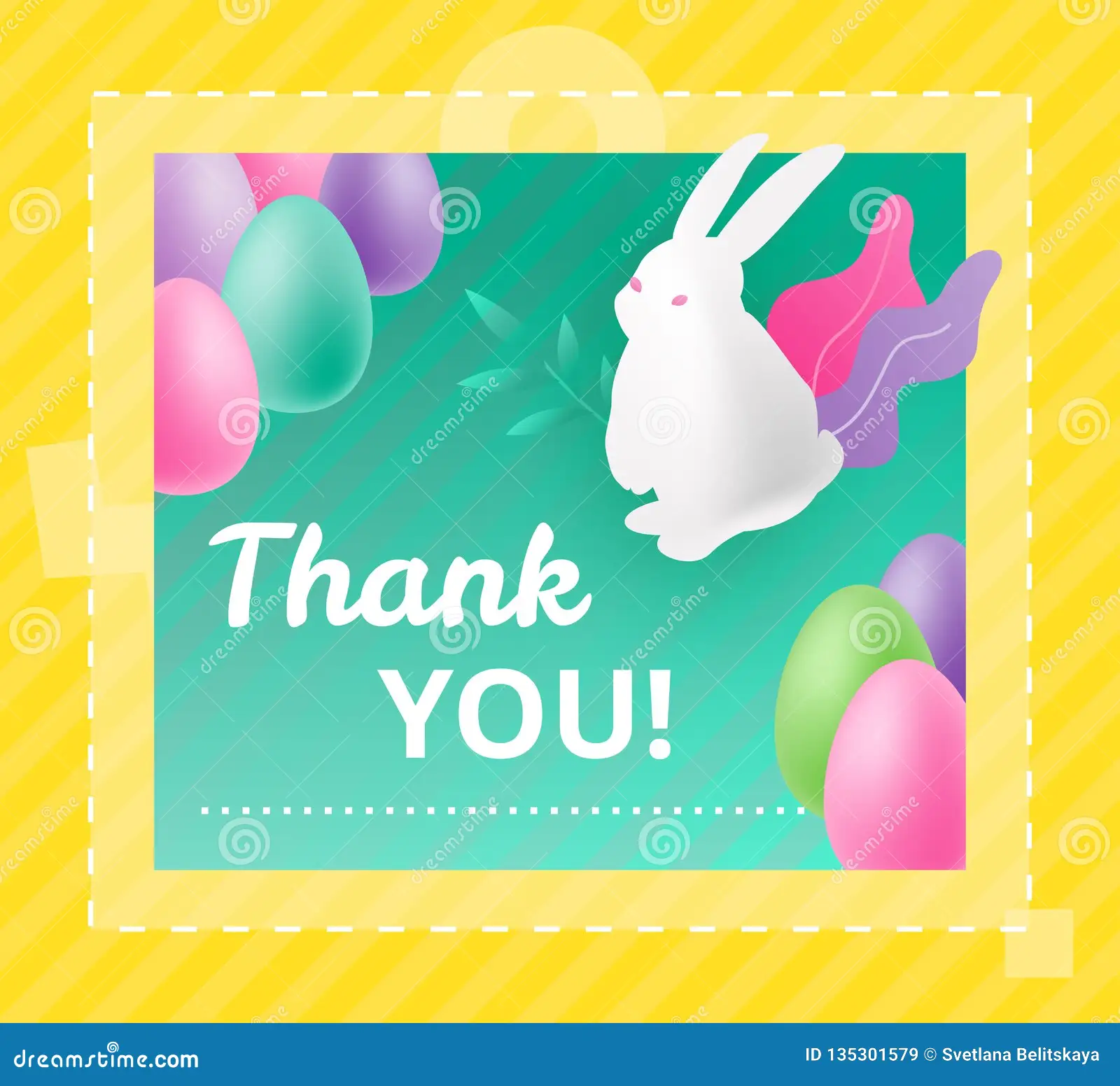 Vector Design Template Card Easter Greetings Thank You Words White Bunny Colorful Eggs Promotional Marketing Image135301579