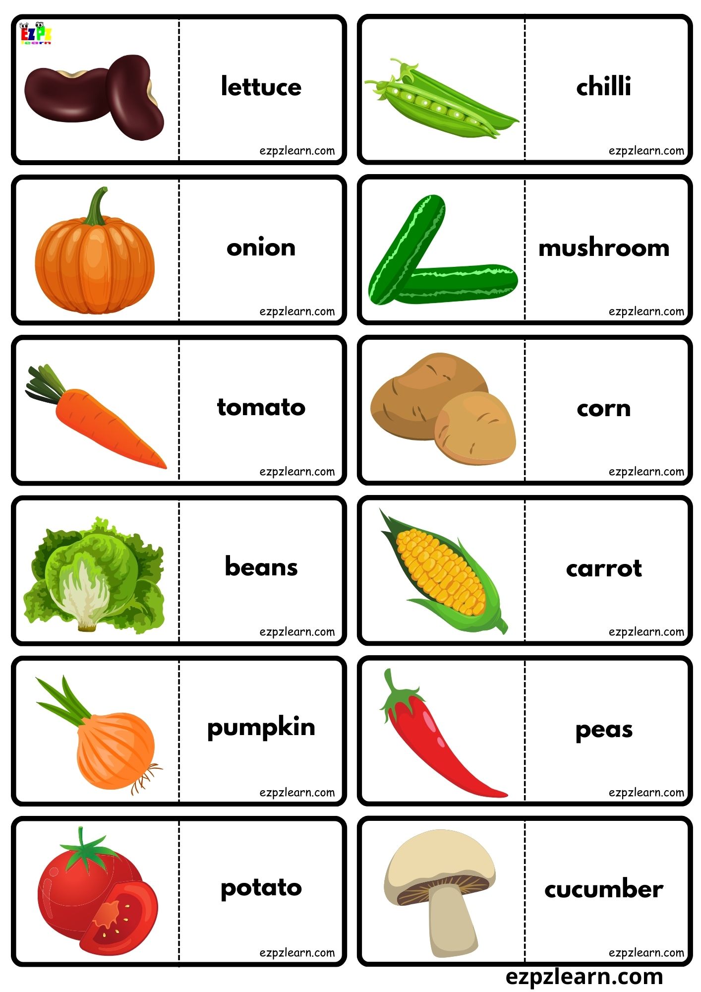 Vegetables Food Vocabulary Dominoes Matching Game For Kids And English Language Learners Free Pdf Download Games