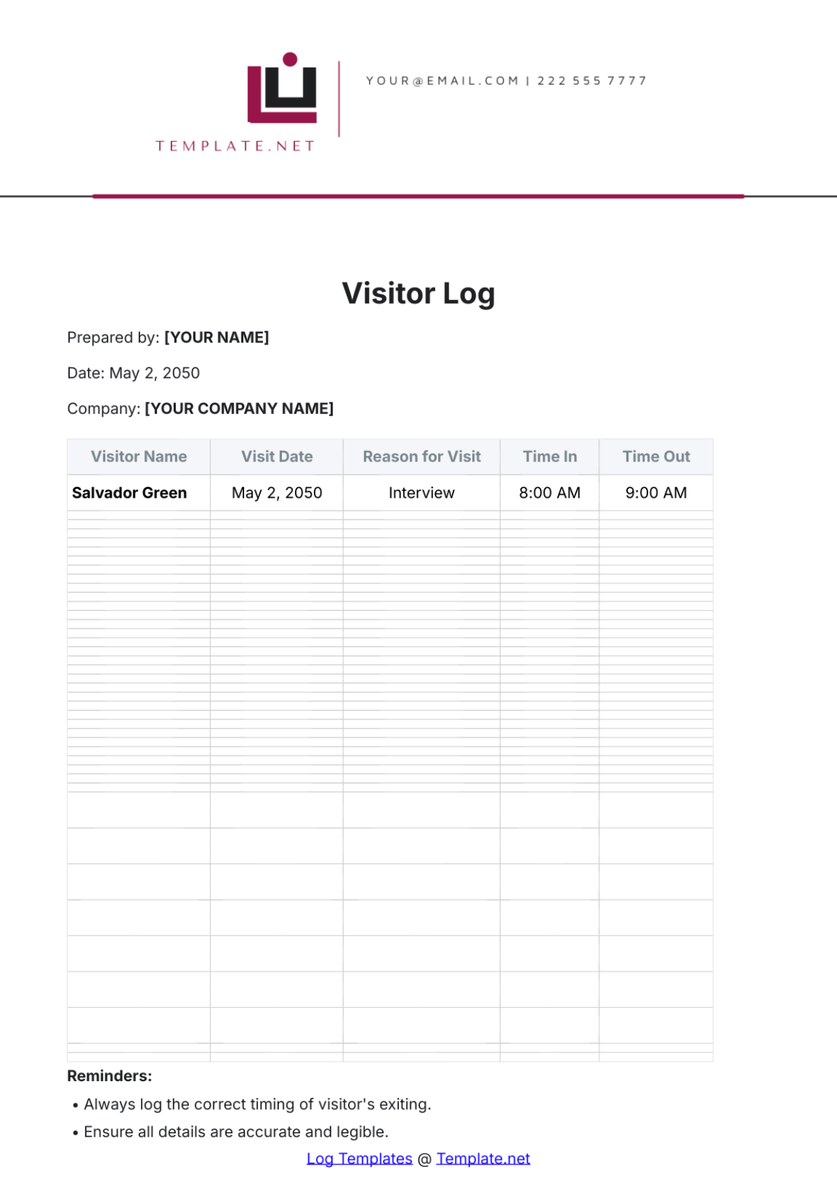 Visitor Log Visitor Log