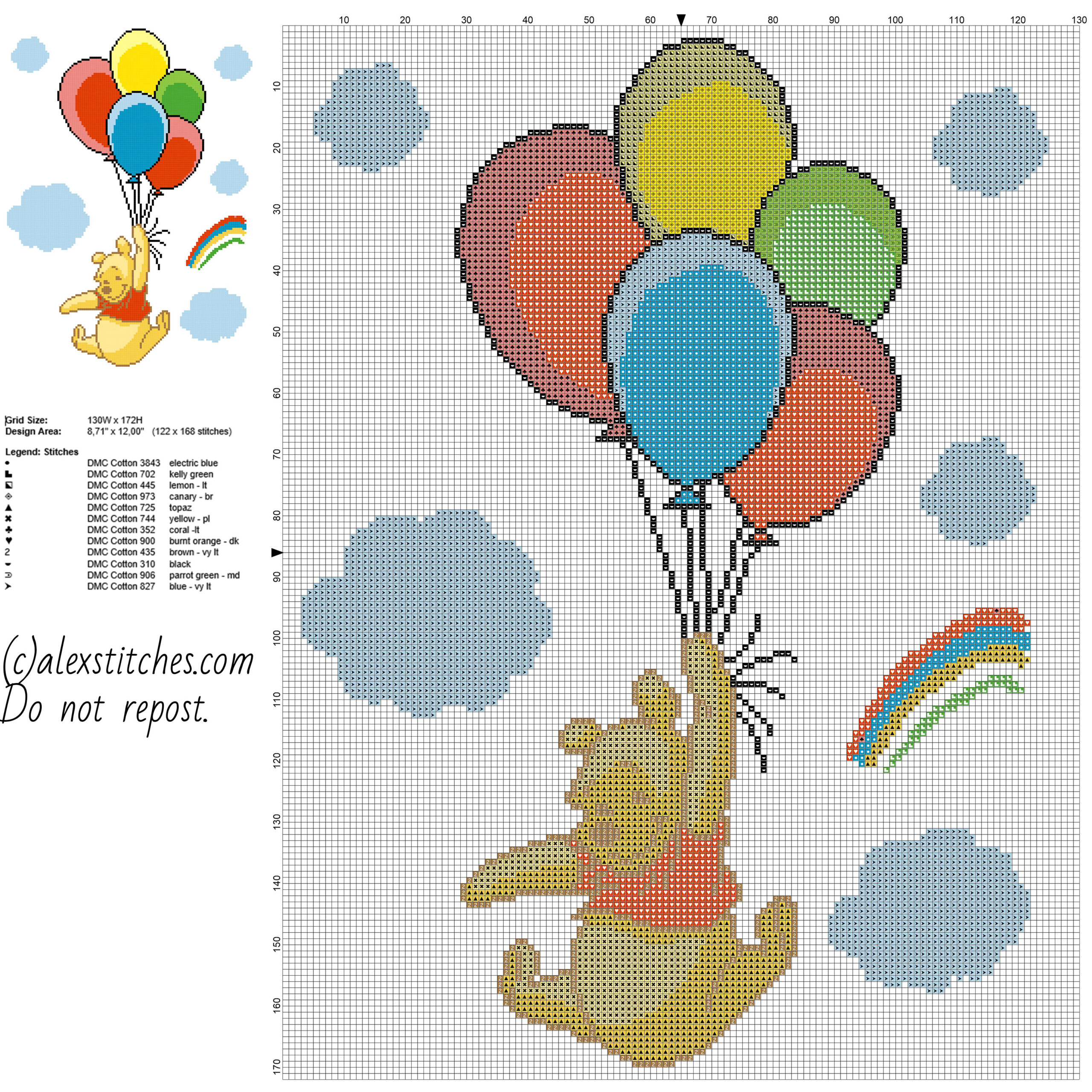 Winnie The Pooh With Colored Balloons Free Cross Stitch Pattern Baby Blanket Idea 122 X 168 Stitches 12 Dmc Threads
