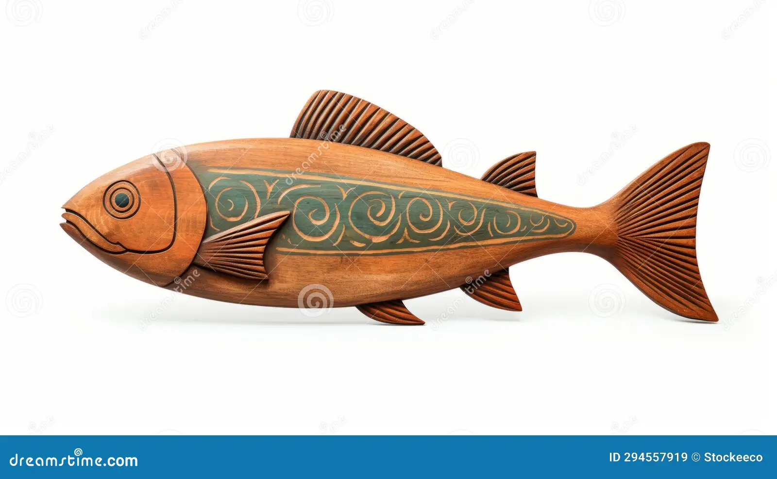 Wooden Fishing Carving Featuring Swirl Carving Pattern Showcasing Realistic Stylized Design Inspired Maori Art Image294557919